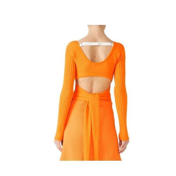 Tibi Tech Poly Ribbed Wrap Super Stretchy Sweater Orange Tie Knot Size Medium - Picture 2 of 14